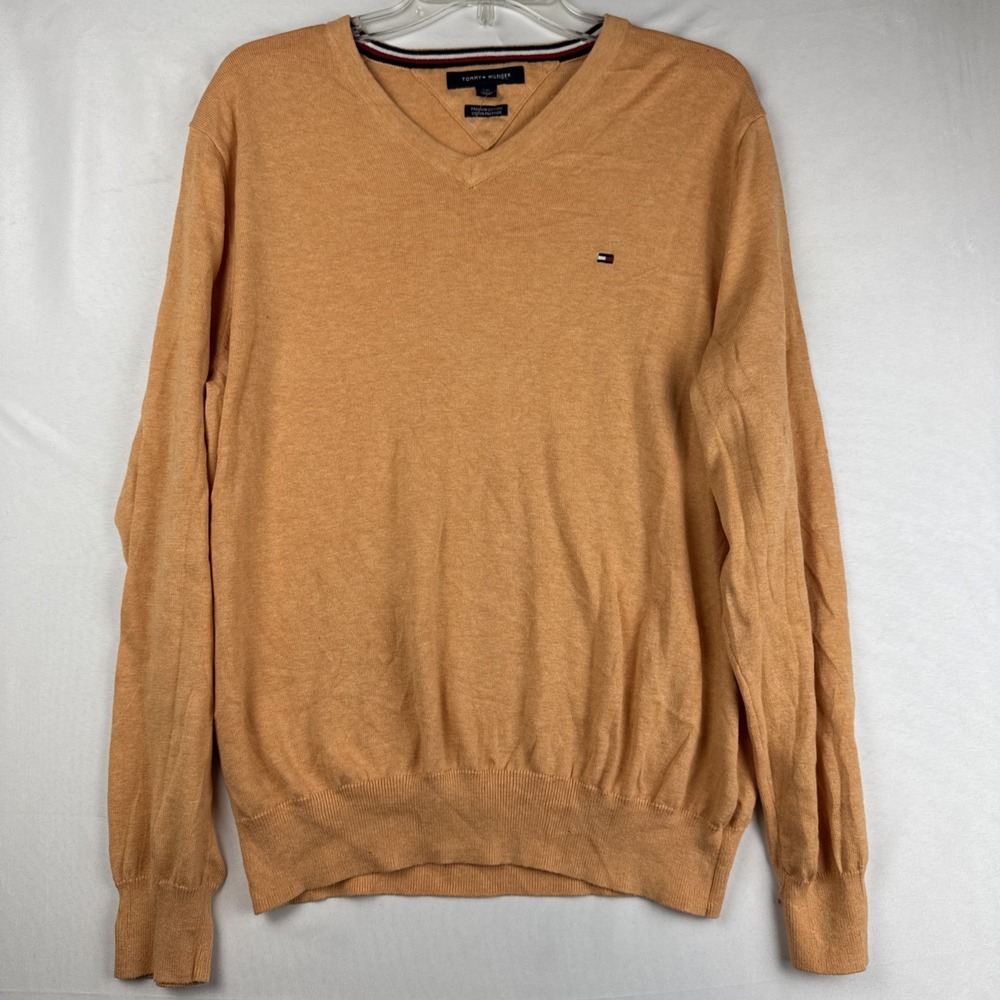 Tommy Hilfiger VNeck Sweater Large L Peach Orange Premium Cotton Preppy Pullover